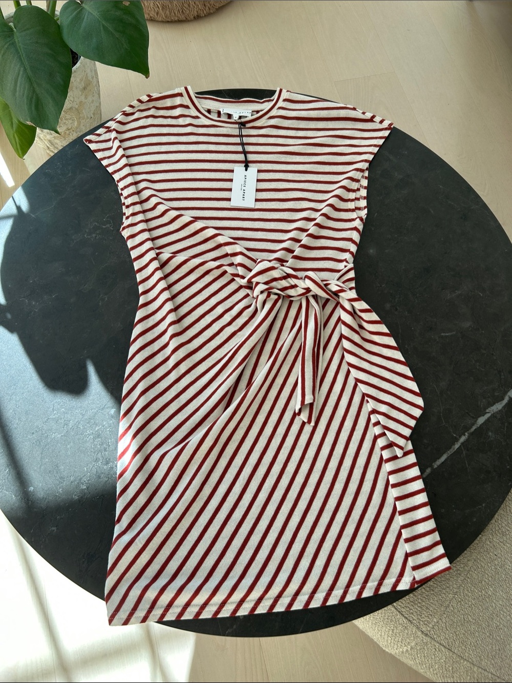 Apiece Apart Vanina  Cream and Red Striped Tie-Waist Dress